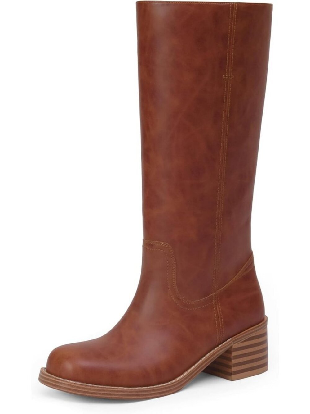 Women's Red Brown Chunky Block Low Heel Square Toe Trendy Stylish Mid Calf Boot